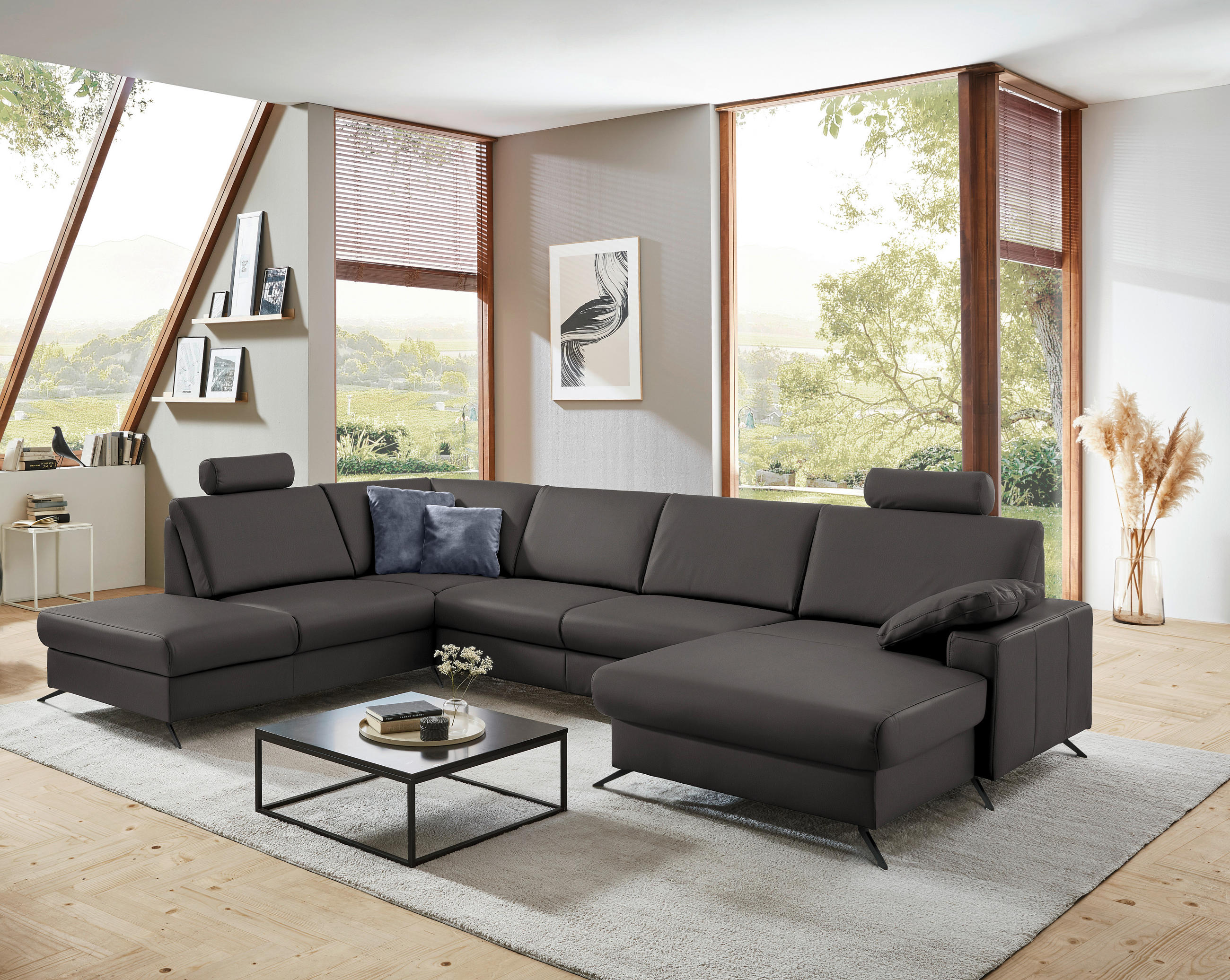 WOHNLANDSCHAFT in Echtleder Dunkelgrau  - Dunkelgrau/Schwarz, Design, Leder/Metall (233/339/165cm) - Beldomo Premium