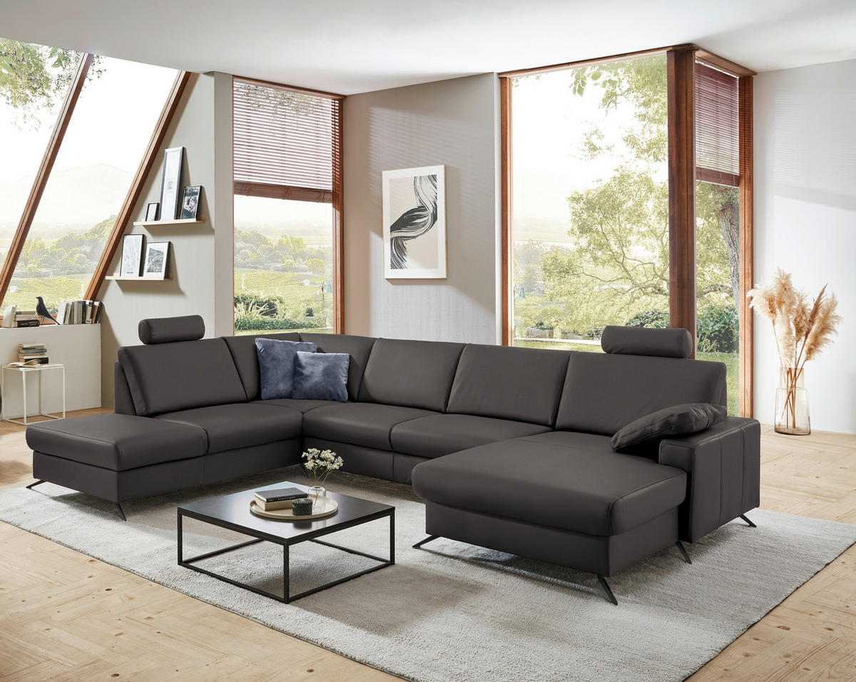WOHNLANDSCHAFT in Echtleder Dunkelgrau  - Dunkelgrau/Schwarz, Design, Leder/Metall (233/339/165cm) - Beldomo Premium