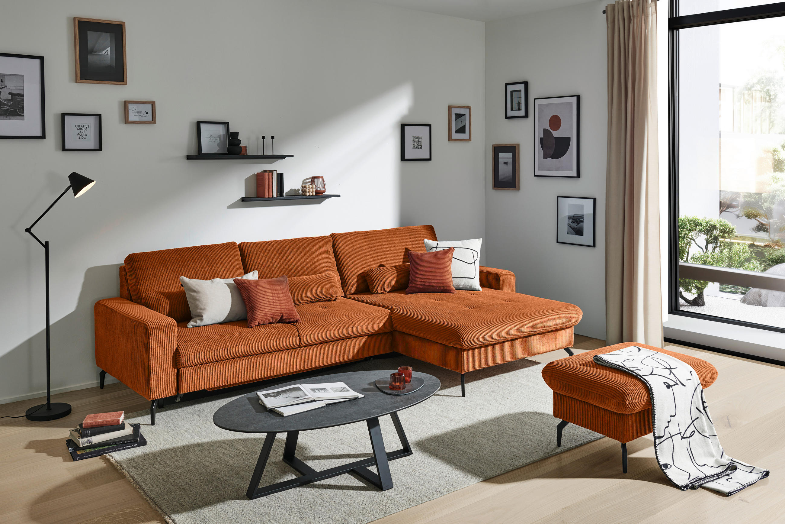 ECKSOFA Terracotta Cord  - Terracotta/Schwarz, Design, Textil/Metall (302/180cm) - Venda