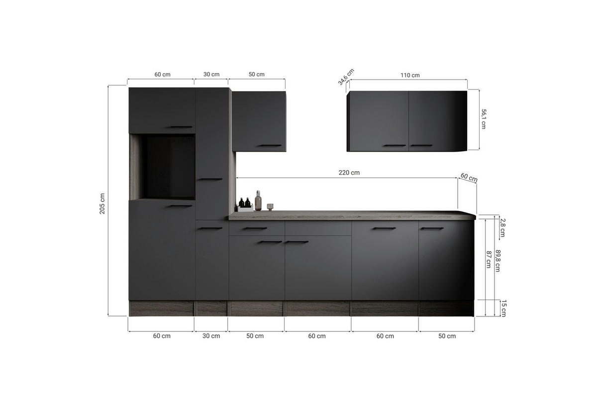 KÜCHENLEERBLOCK 310 cm   in Grau, Eichefarben  - Eichefarben/Schwarz, Design, Holzwerkstoff/Metall (310cm) - Respekta