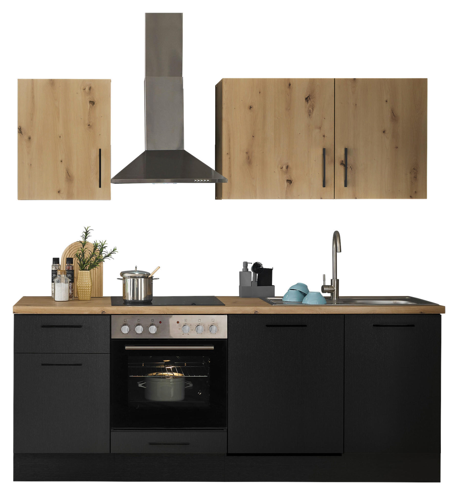 BUCĂTĂRIE FĂRĂ ELECTROCASNICE - stejar Artisan/negru, Trend, metal/material pe bază de lemn (220cm) - MID.YOU