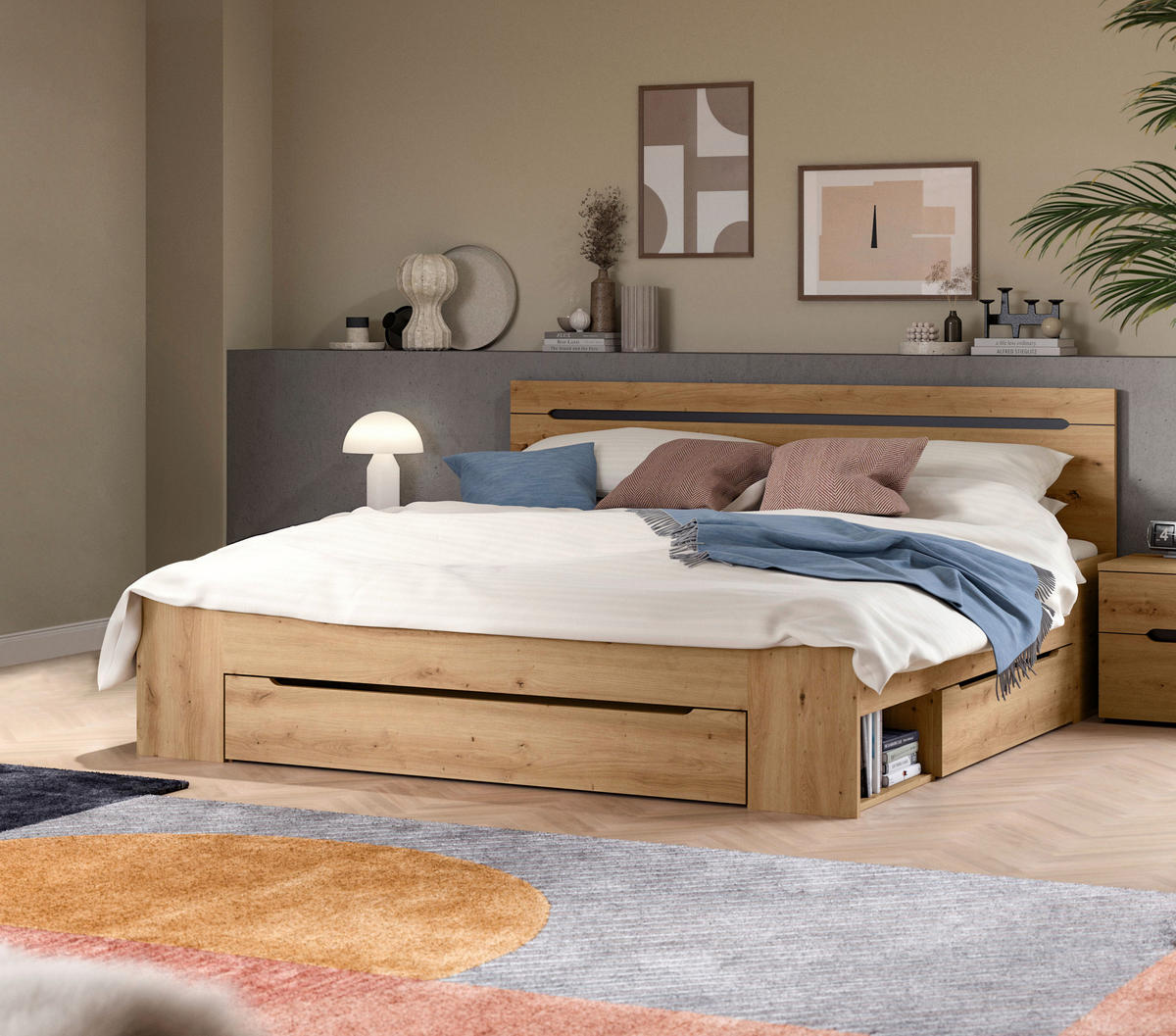 BETT 180/200 cm,  in Grau, Eiche Artisan, Bettschubladen,  - Eiche Artisan/Grau, MODERN (180/200cm) - MID.YOU