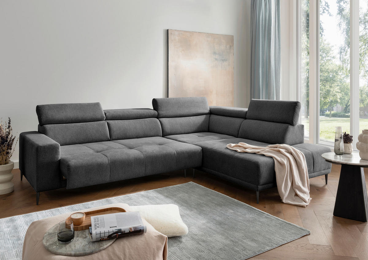 ECKSOFA INTERA Anthrazit Chenille Kopfteilverstellung, Sitzvorzug  - Anthrazit/Schwarz, KONVENTIONELL, Textil/Metall (305/225cm) - Livetastic