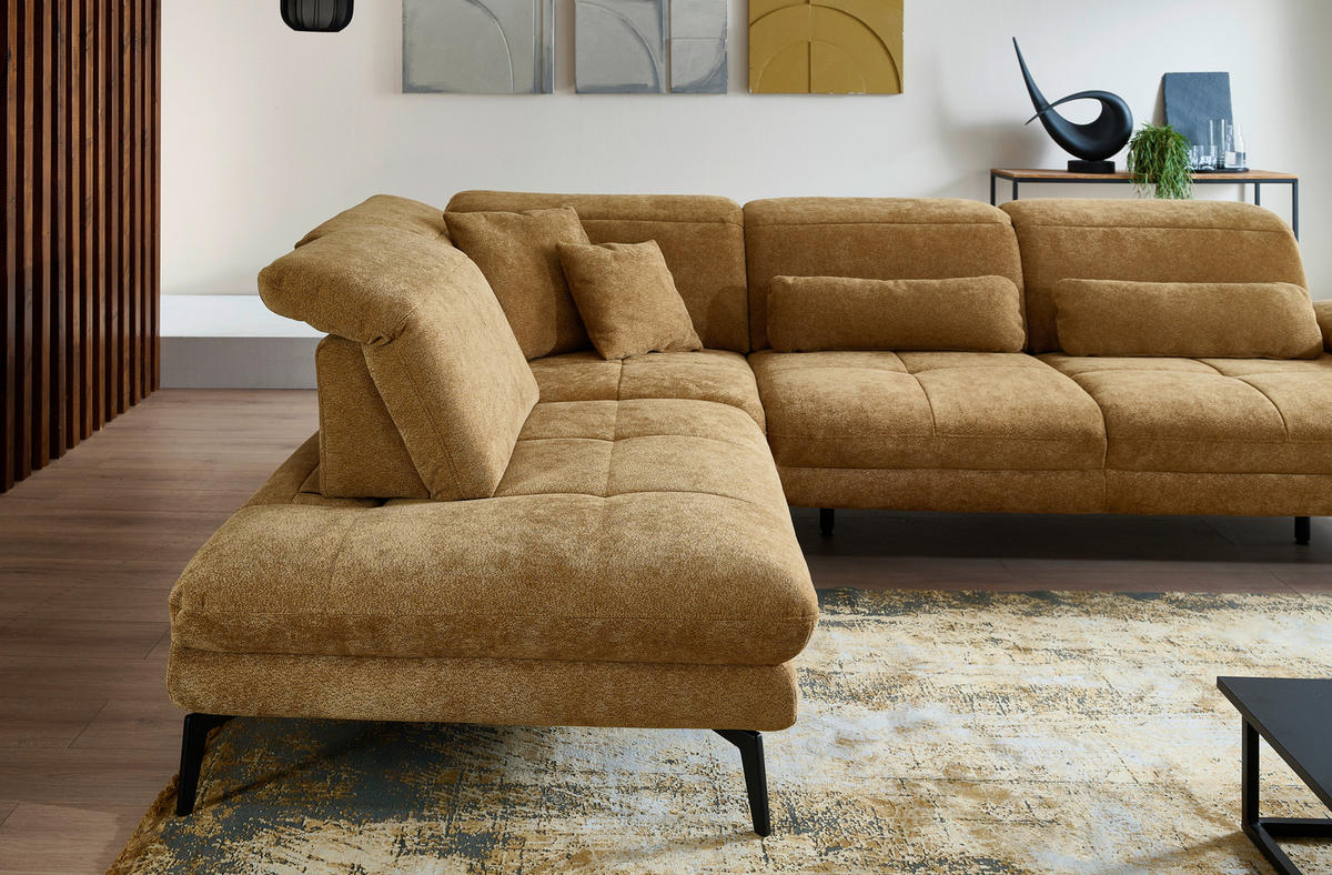 ECKSOFA Beldomo System Dunkelgelb Chenille Rücken echt, Kopfteilverstellung  - Dunkelgelb/Schwarz, Design, Textil/Metall (235/311cm) - Beldomo System