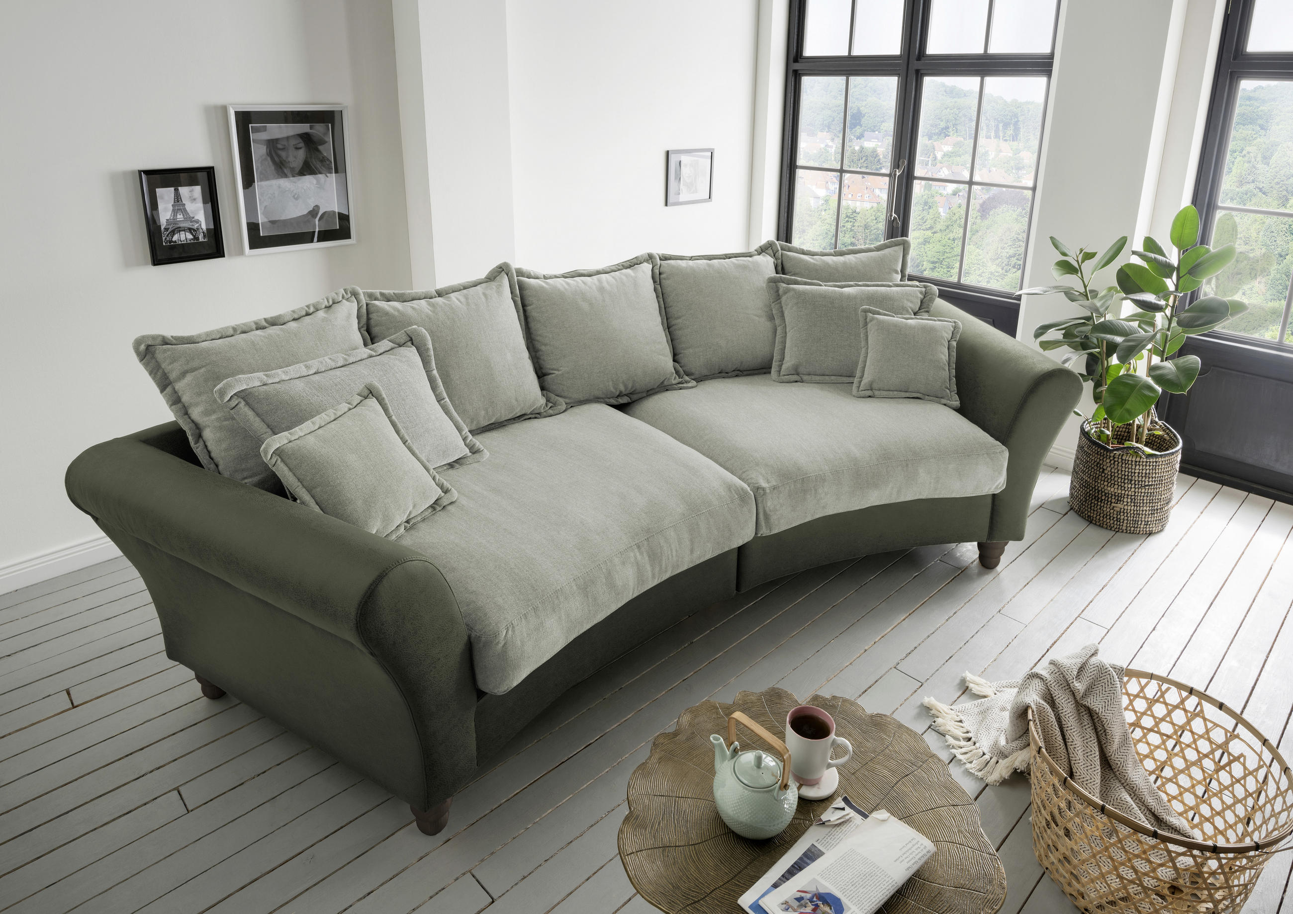 BIGSOFA Chenille, Mikrofaser Grün, Buchefarben, Hellgrün - Buchefarben/Hellgrün, MODERN, Holz/Textil (328/98/134cm) - Livetastic