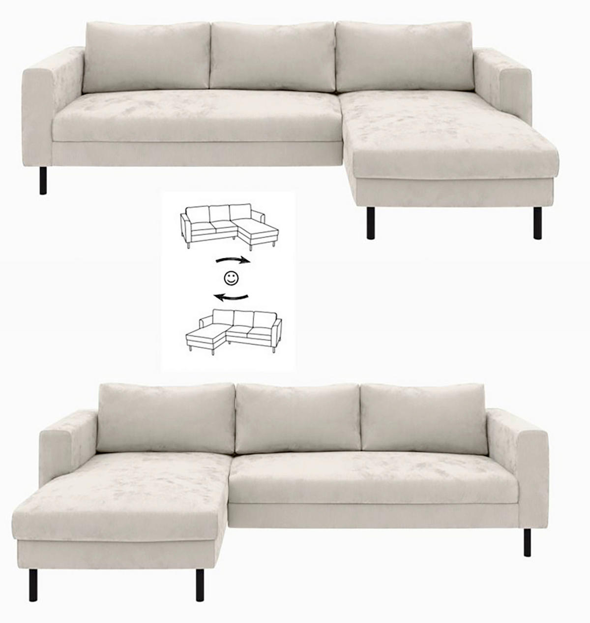 ECKSCHLAFSOFA  mit Rücken echt, Armteil links, Armteil rechts Cord Creme  - Creme/Schwarz, MODERN, Textil/Metall (232/161cm) - Trendmanufaktur