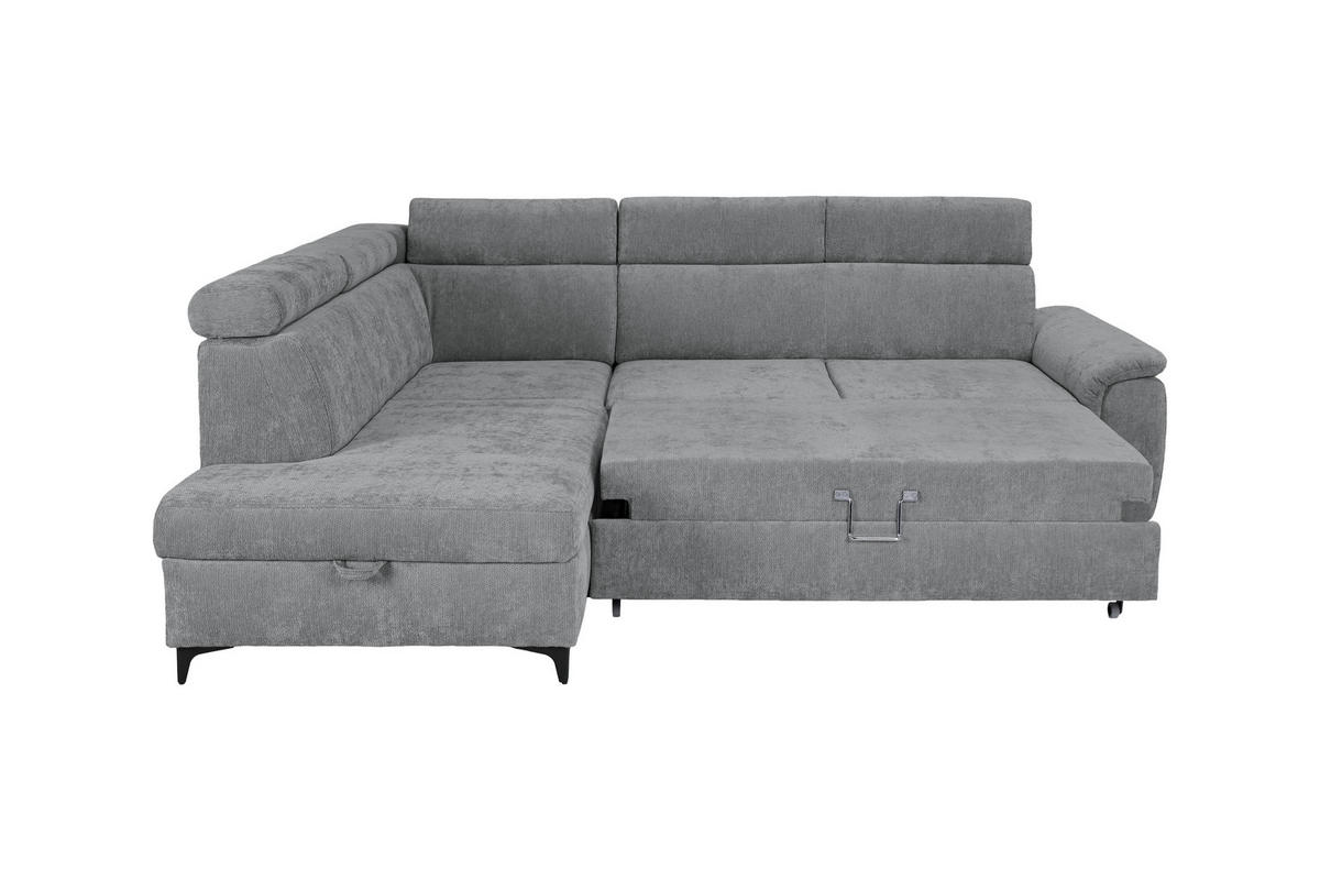 ECKSOFA Dunkelgrau Chenille Bettkasten, Schlaffunktion, Rücken echt, Kopfteilverstellung, Liegefläche im Originalstoff  - Dunkelgrau/Schwarz, KONVENTIONELL, Textil/Metall (206/265cm) - Carryhome