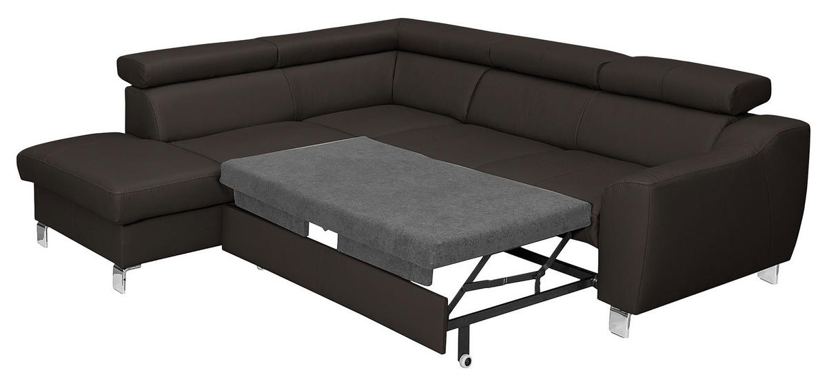 ECKSOFA Dunkelbraun Echtleder Lederlook  - Chromfarben/Dunkelbraun, Design, Leder/Textil (208/245cm) - Livetastic