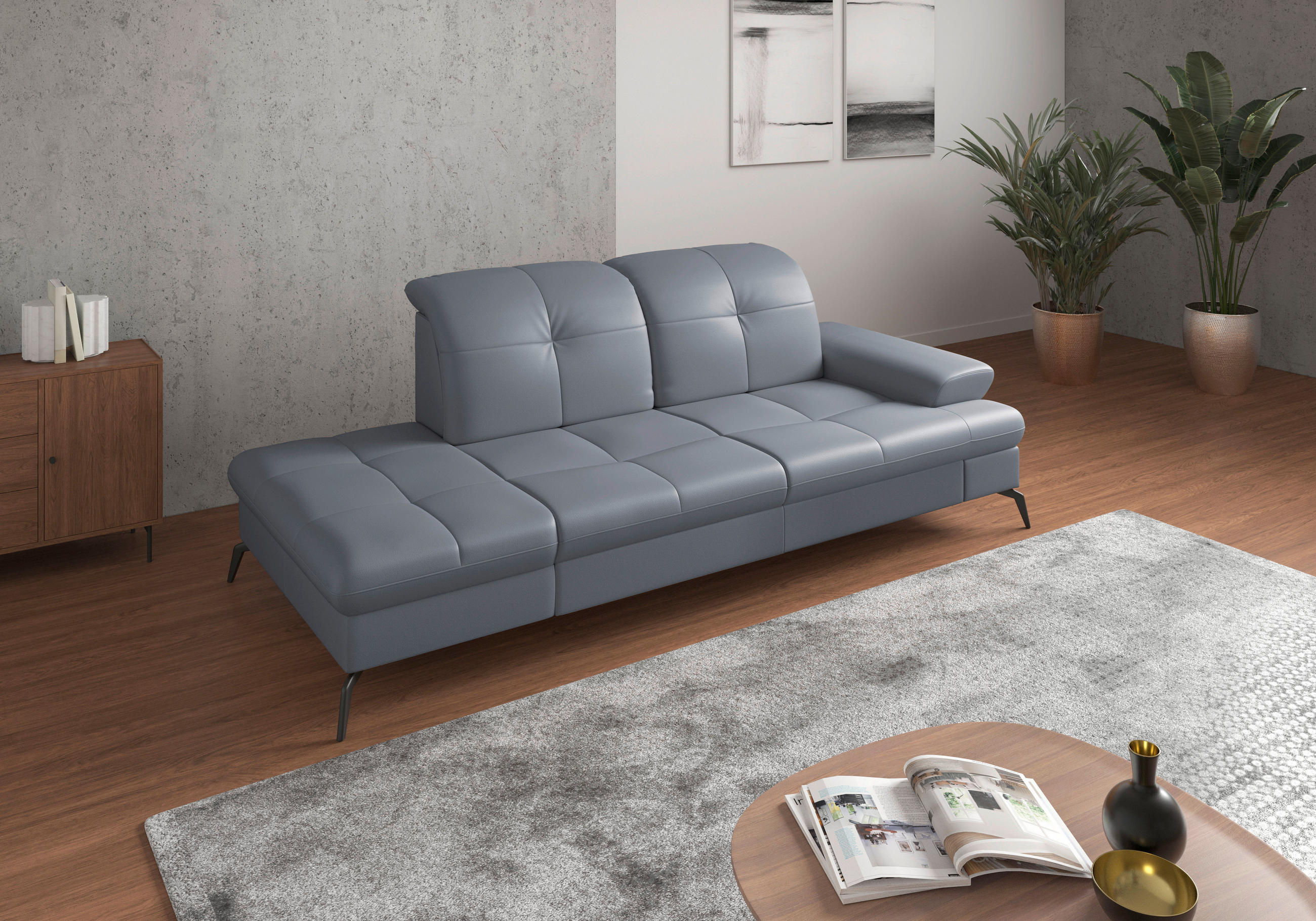 RÉCAMIERE Graublau Kombination Echtleder/Stoff Vliesstoff  - Graublau/Schwarz, KONVENTIONELL, Leder/Textil (231/90/122cm) - Sit & More