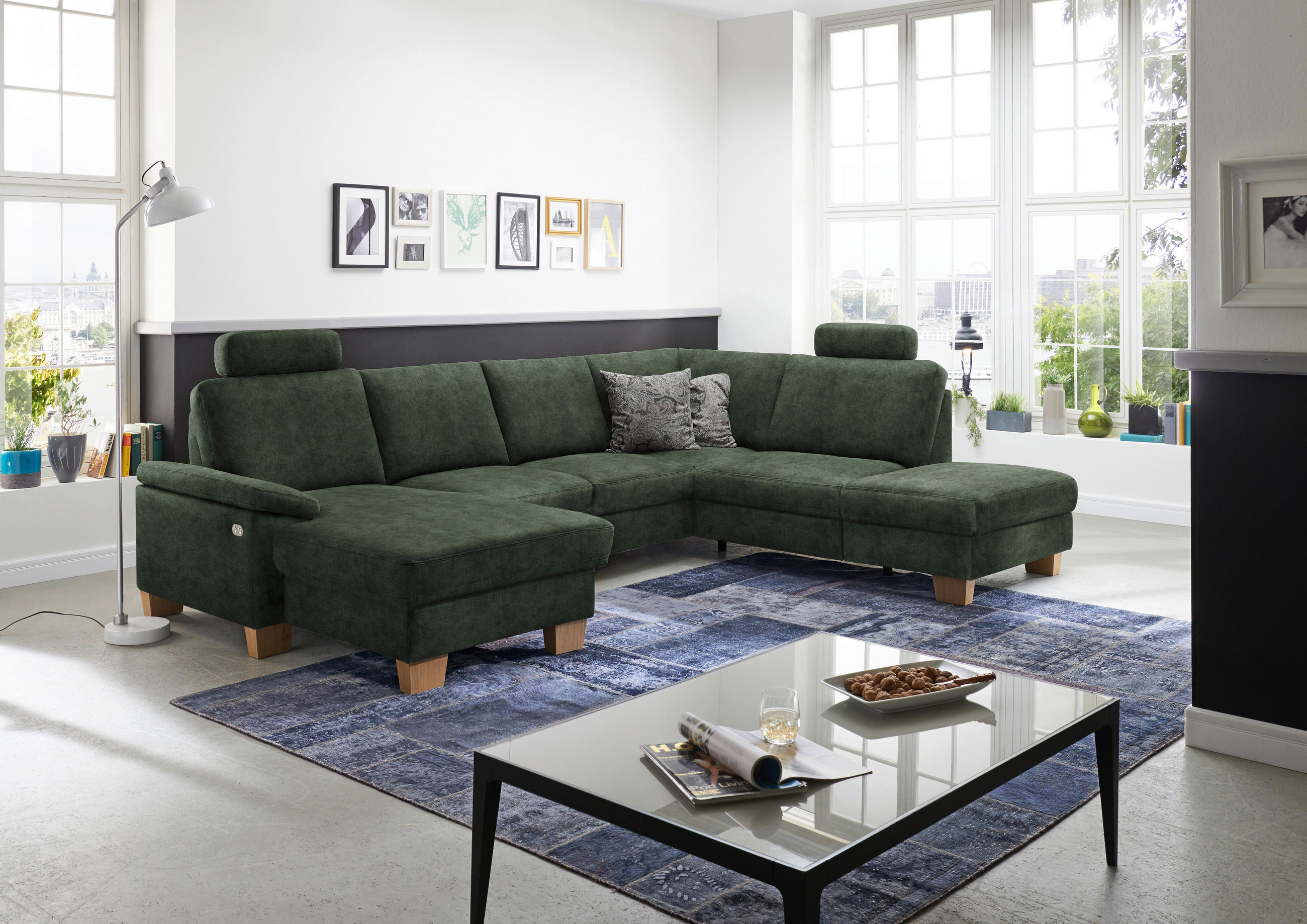 WOHNLANDSCHAFT in Velours Grün  - Eichefarben/Grün, Konventionell, Holz/Textil (167/316/235cm) - Beldomo System