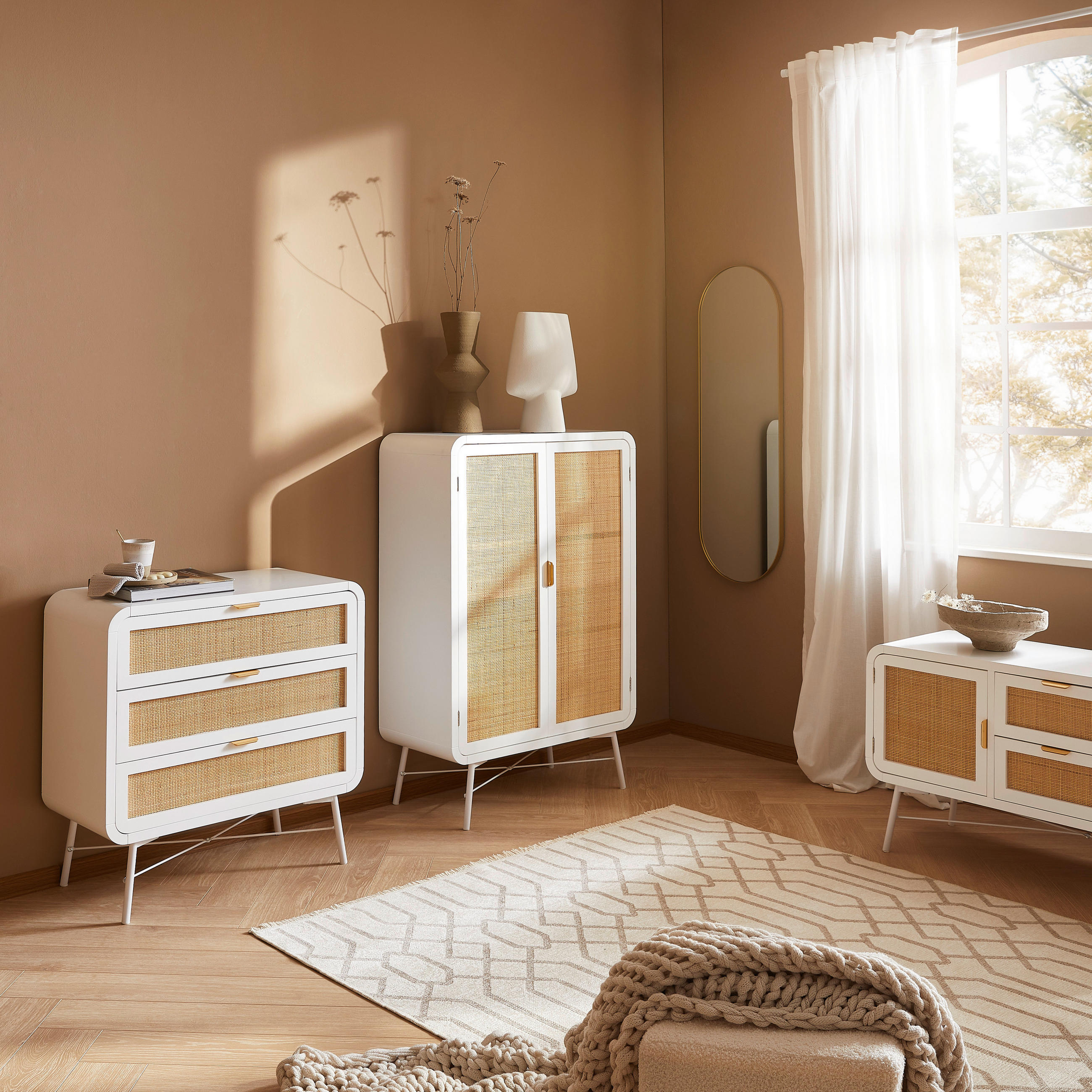 HIGHBOARD Kiefer, Rattan massiv Naturfarben, Weiß - Goldfarben/Naturfarben, MODERN, Holz/Metall (80/120/37,5cm) - Livetastic