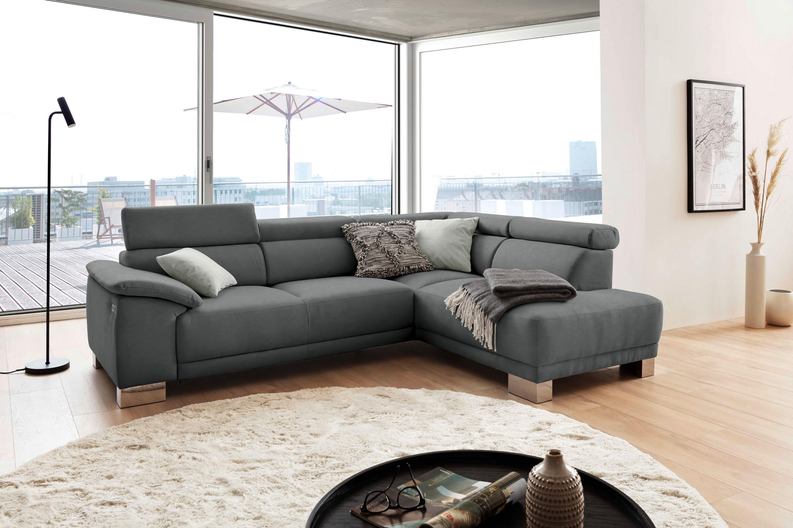 ECKSOFA in Mikrofaser Dunkelgrau  - Chromfarben/Dunkelgrau, Design, Holz/Textil (270/205cm) - Pure Home Lifestyle