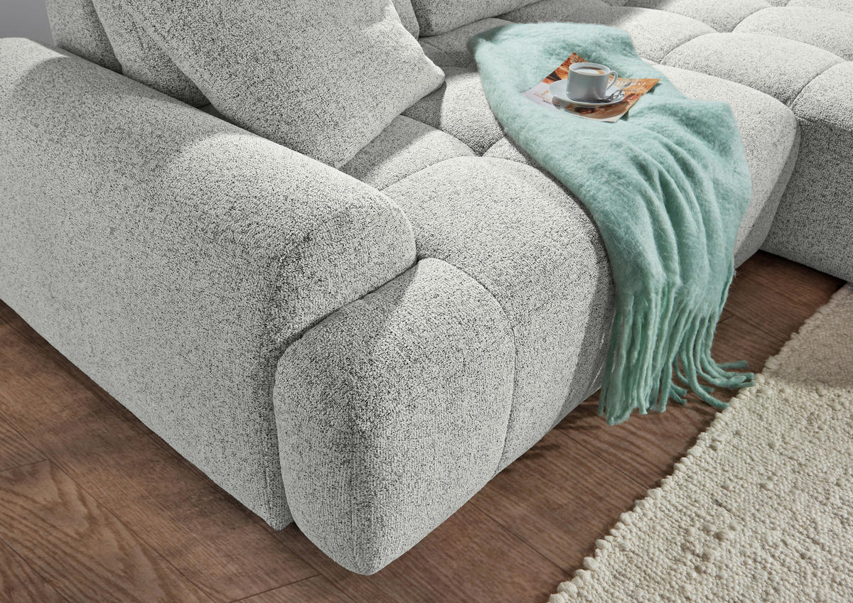 Ecksofa mit Funktion Creme Flachgewebe Zierkissen, Rückenkissen, Bettkasten, Schlaffunktion, Rücken echt, Liegefläche im Originalstoff  - Creme/Schwarz, KONVENTIONELL, Kunststoff/Textil (277/190cm) - Carryhome