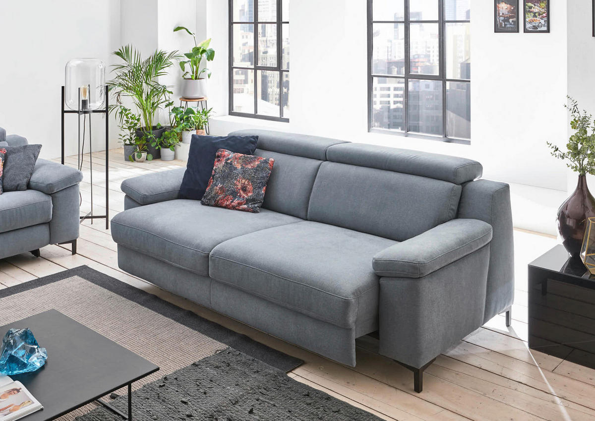 3-SITZER-SOFA in Chenille Pastellblau  - Pastellblau/Schwarz, Design, Textil/Metall (218/104/104cm) - Valdera