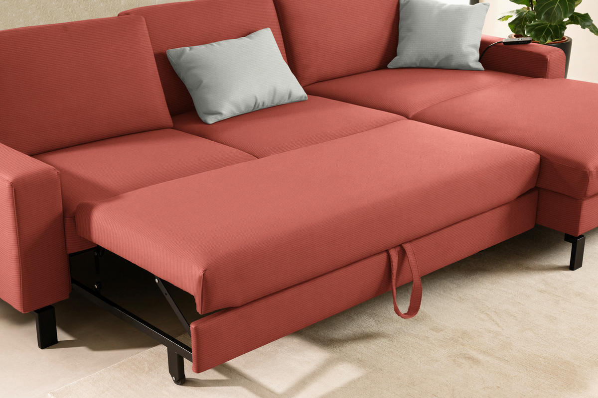 ECKSOFA Cord Koralle  - Koralle/Schwarz, Design, Textil/Metall (298/185cm) - Pure Home Lifestyle