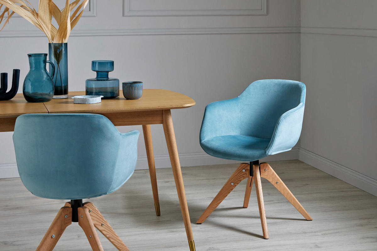 ARMLEHNSTUHL Samt Eichefarben, Hellblau Eukalyptusholz massiv  - Eichefarben/Hellblau, MODERN, Holz/Kunststoff (56,5/59/79cm) - Livetastic