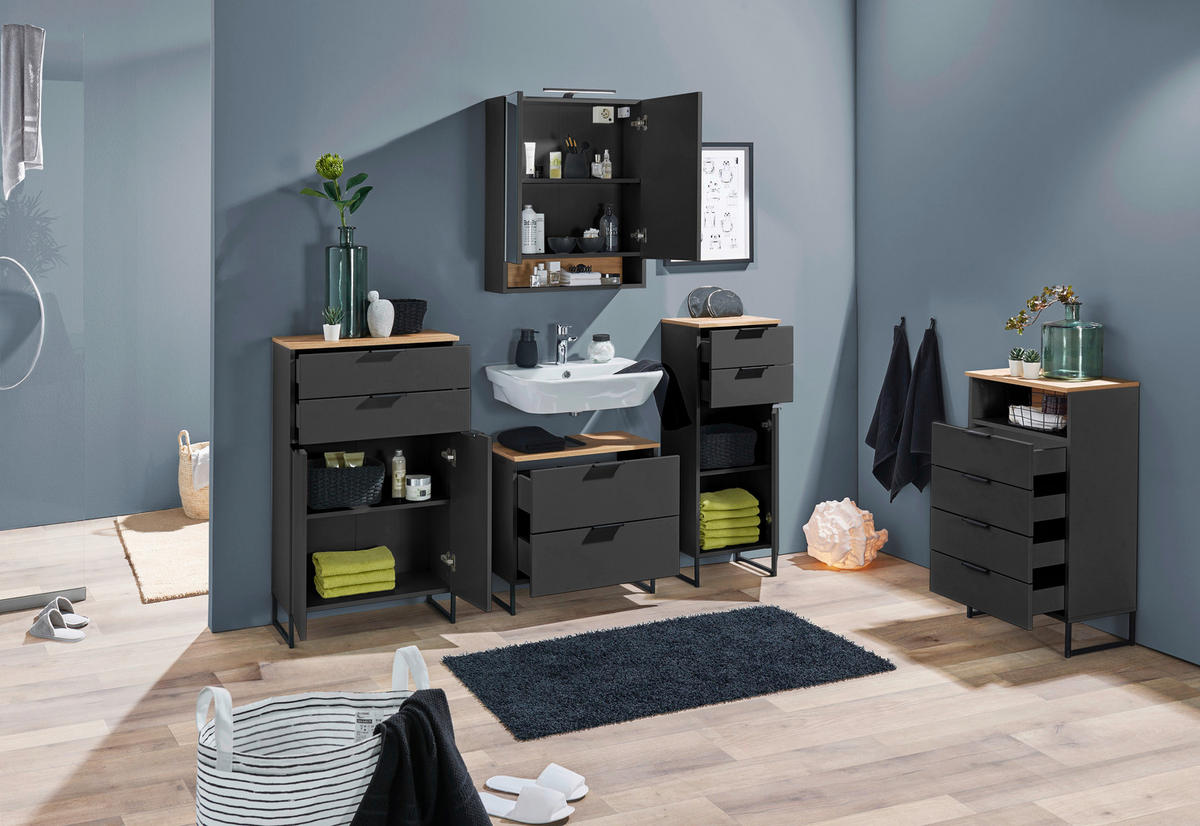 WASCHBECKENUNTERSCHRANK 60/60/35 cm  - Eichefarben/Schwarz, KONVENTIONELL, Holzwerkstoff/Metall (60/60/35cm) - home24
