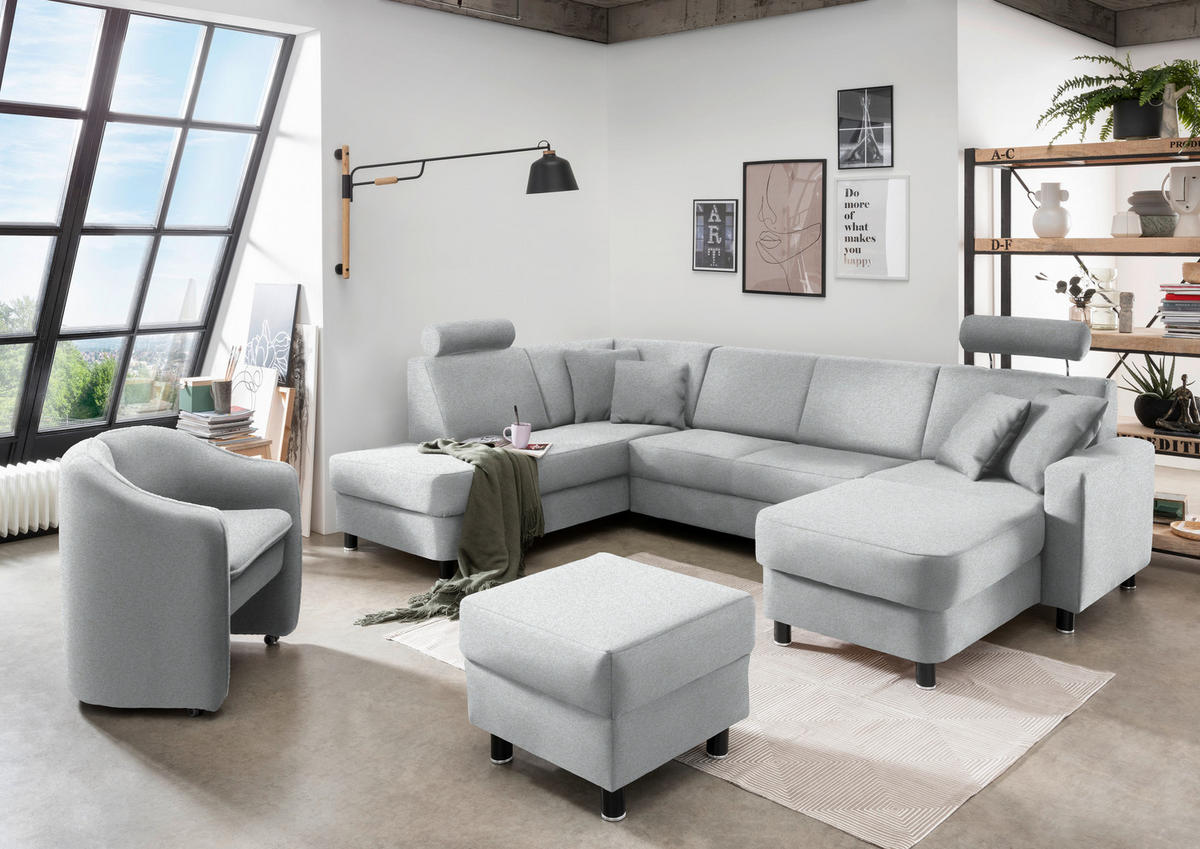 WOHNLANDSCHAFT in Webstoff Hellgrau  - Hellgrau/Schwarz, Design, Holz/Textil (198/296/165cm) - Xora