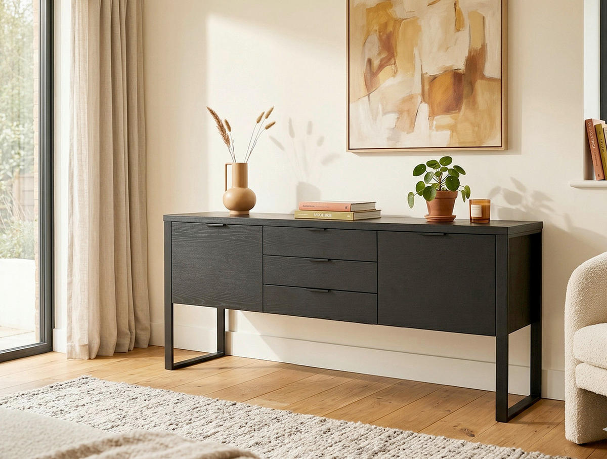 SIDEBOARD  180/76,2/39,5 cm 3 Schublade(n)  - Schwarz, KONVENTIONELL, Holzwerkstoff/Metall (180/76,2/39,5cm) - MID.YOU