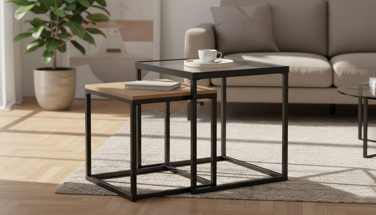 COUCHTISCHSET quadratisch Klar, Schwarz, Eichefarben  - Klar/Eichefarben, MODERN, Glas/Holzwerkstoff (40/48/40/48/40/48cm) - Xora