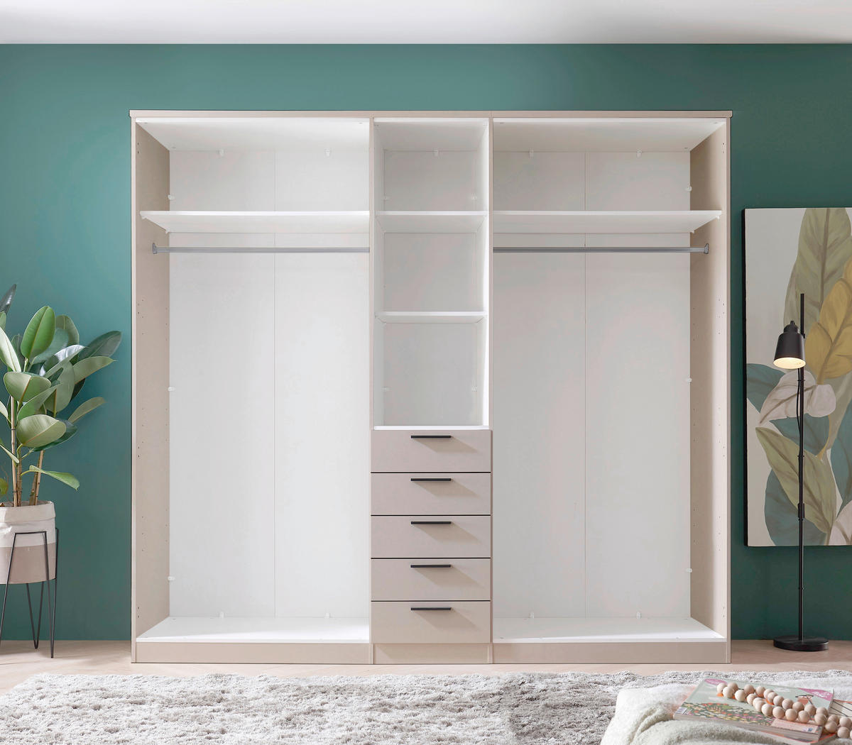 KLEIDERSCHRANK 225/210/52 cm,  in Kaschmir, 5-türig  - Kaschmir/Schwarz, KONVENTIONELL, Holzwerkstoff/Kunststoff (225/210/52cm) - Livetastic