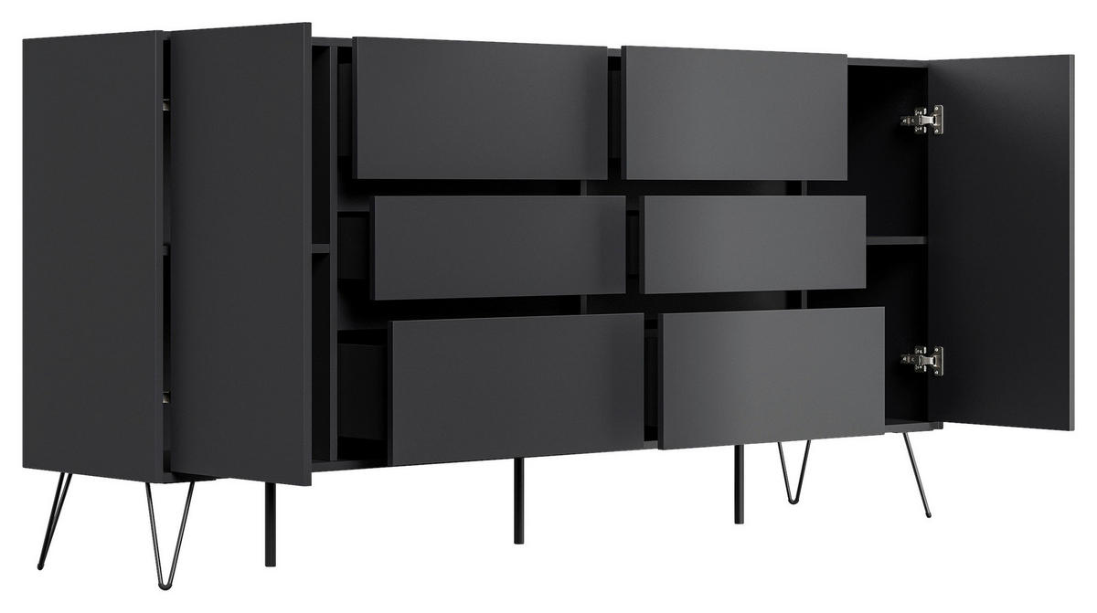 SIDEBOARD Posseik Industrial 199/93,6/42 cm 6 Schublade(n)  - Graphitfarben/Schwarz, Design, Holzwerkstoff/Metall (199/93,6/42cm) - P & B