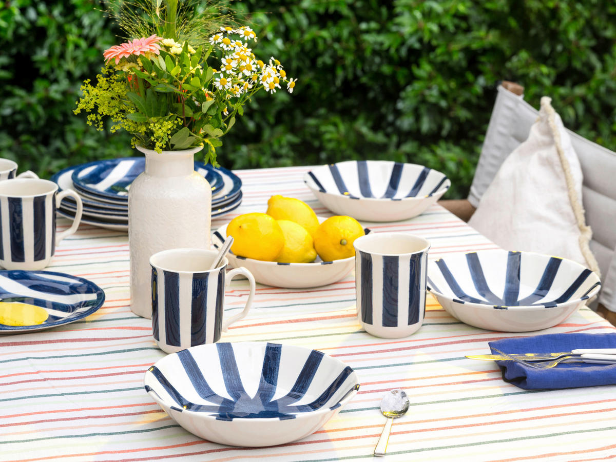 KOMBISERVICE Blau, Gelb, Grauweiß Summer Stripes Blau 16-teilig 4 Personen  - Blau/Gelb, Basics, Keramik - Creatable
