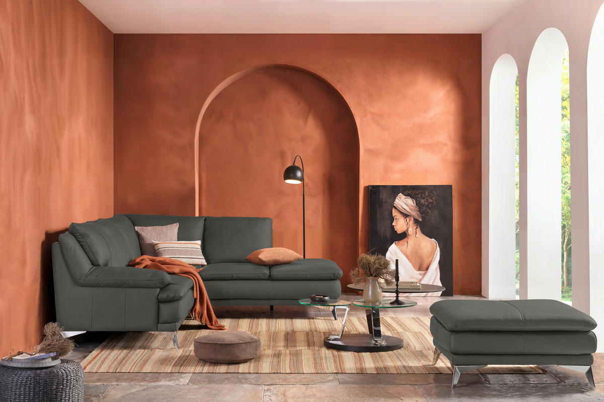 ECKSOFA Grün Echtleder  - Chromfarben/Grün, Design, Leder/Metall (242/224cm) - Novel