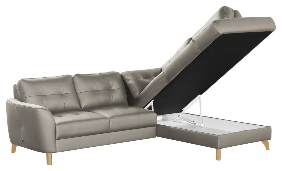 ECKSOFA in Lederlook Echtleder Platinfarben  - Platinfarben/Buchefarben, Design, Leder/Holz (236/190cm) - Livetastic