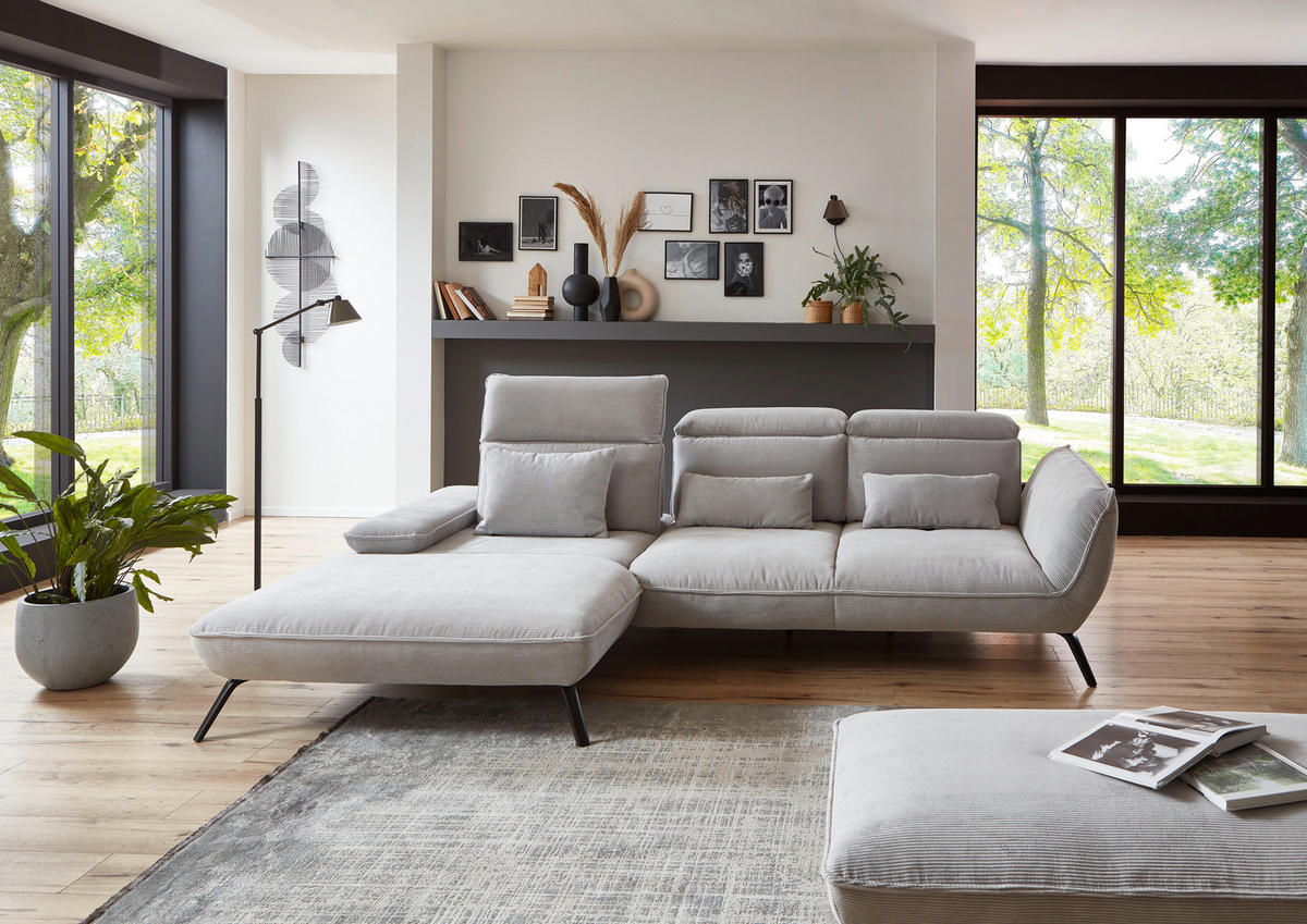 ECKSOFA Hellgrau Cord  - Hellgrau/Schwarz, Design, Textil/Metall (196/301cm) - Moderano