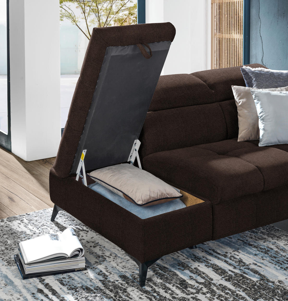 ECKSOFA mit Funkion Dunkelbraun Mikrofaser  - Dunkelbraun/Schwarz, Design, Kunststoff/Textil (210/279cm) - Stylife