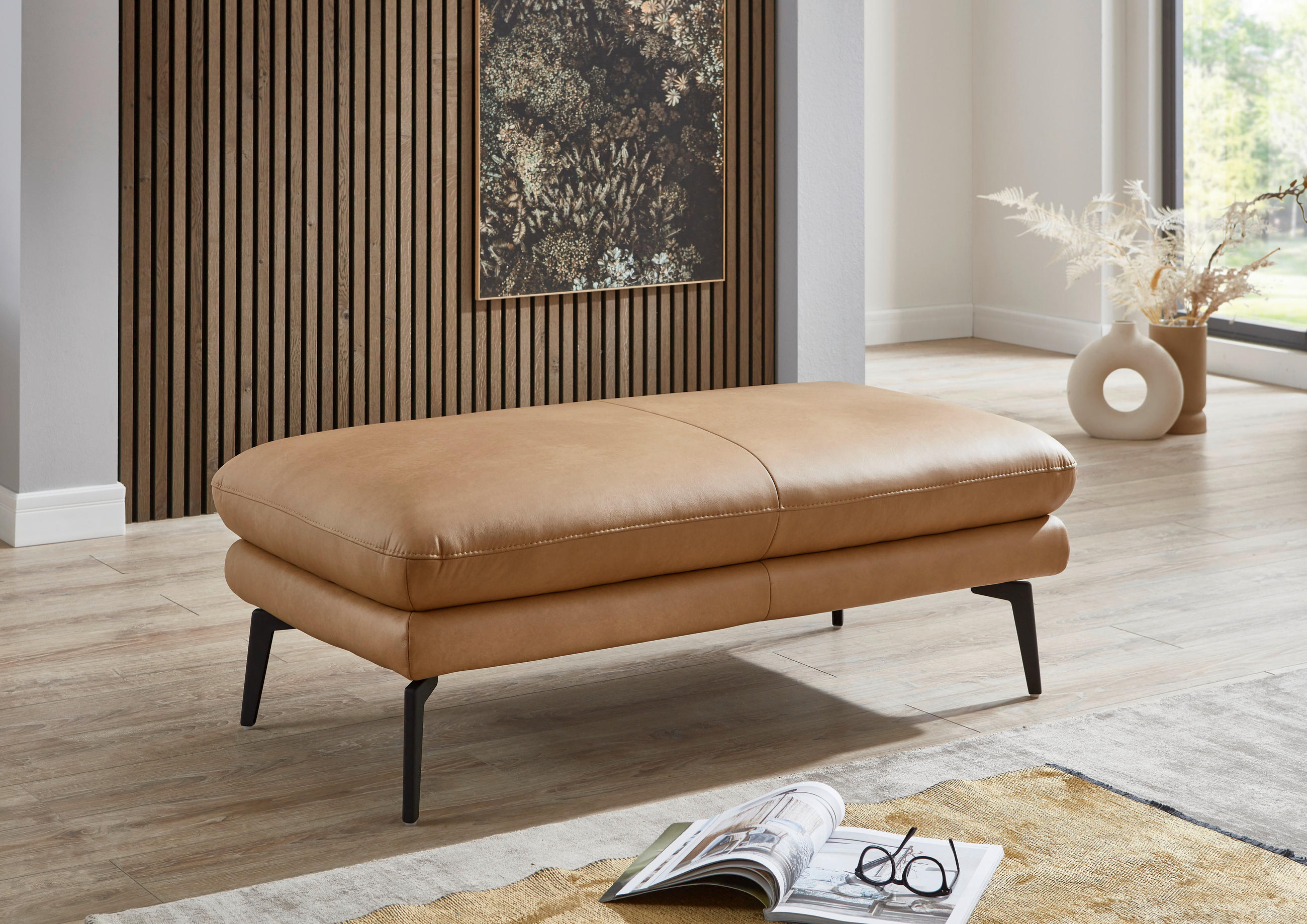 HOCKER Echtleder Honig  - Schwarz/Honig, Design, Leder/Metall (133/48/68cm) - Dieter Knoll
