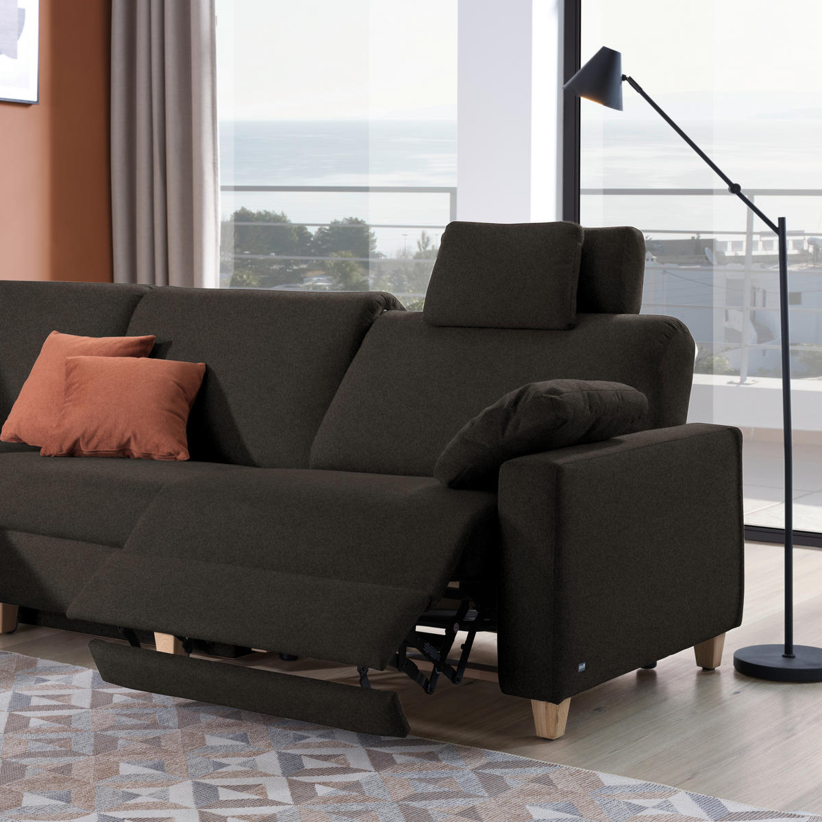 ECKSOFA in Flachgewebe Dunkelbraun  203/261 cm  - Eichefarben/Dunkelbraun, KONVENTIONELL, Holz/Textil (203/261cm) - Sedda