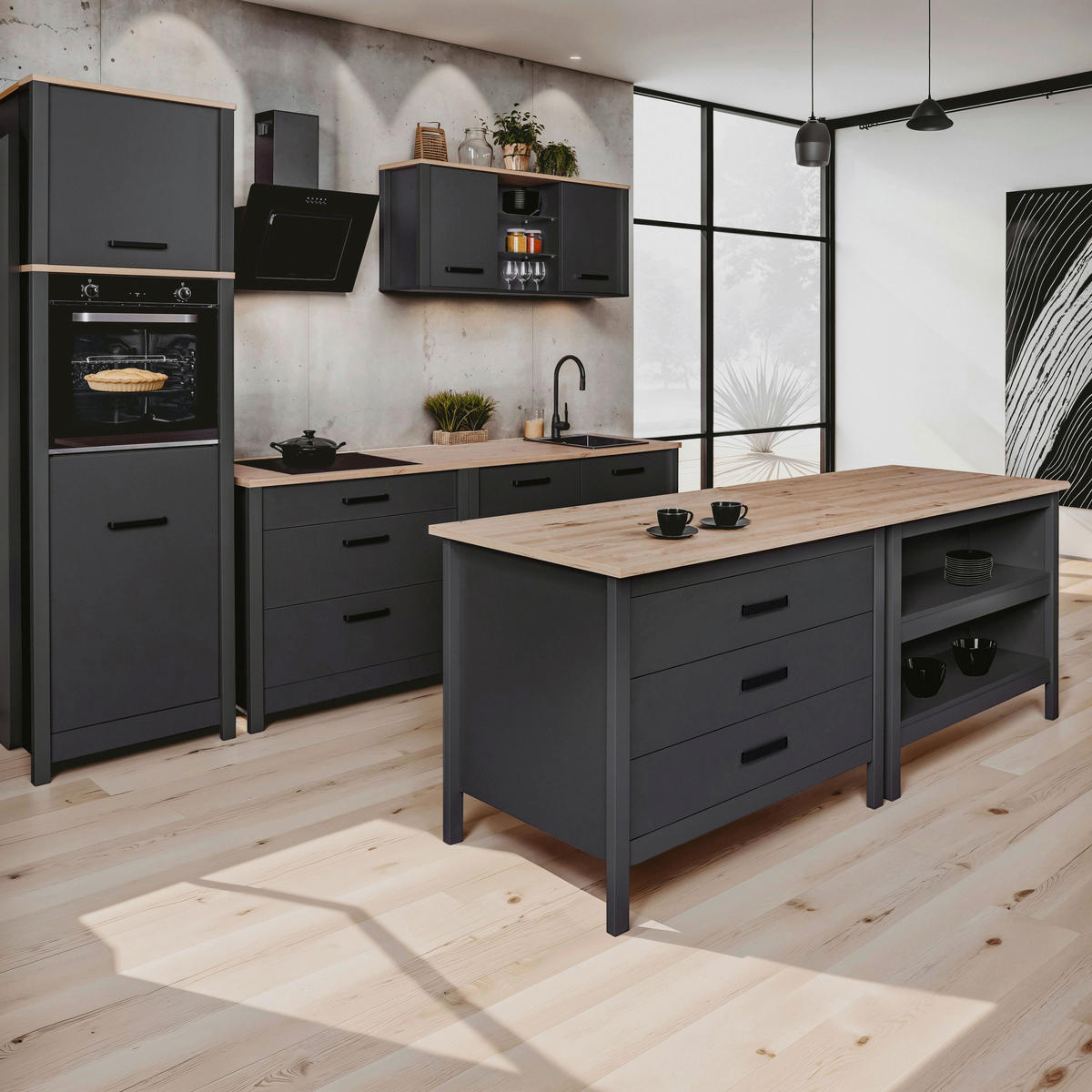 KÖKSÖ 124/91/75 cm  i antracit, ek Artisan  - svart/ek Artisan, Modern, metall/trämaterial (124/91/75cm) - home24