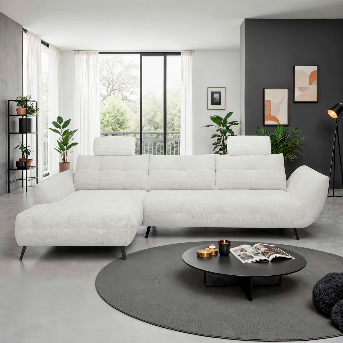 ECKSOFA Elfenbein Chenille Armlehnenkissen, Rücken echt, Sitztiefenverstellung  - Elfenbein/Schwarz, KONVENTIONELL, Textil/Metall (215/313cm) - Hom`in