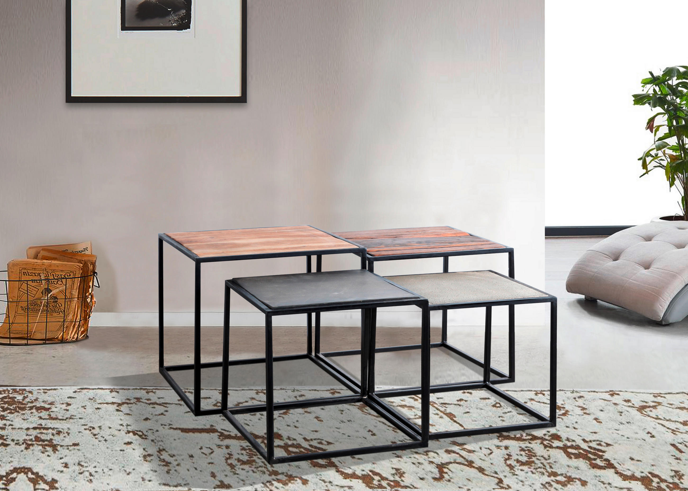 BEISTELLTISCH 4er-Set Akazie, Recyclingholz Hartholz quadratisch Grau, Naturfarben, Dunkelgrau  - Dunkelgrau/Naturfarben, Design, Holz/Stein (96/96/45cm) - Carryhome