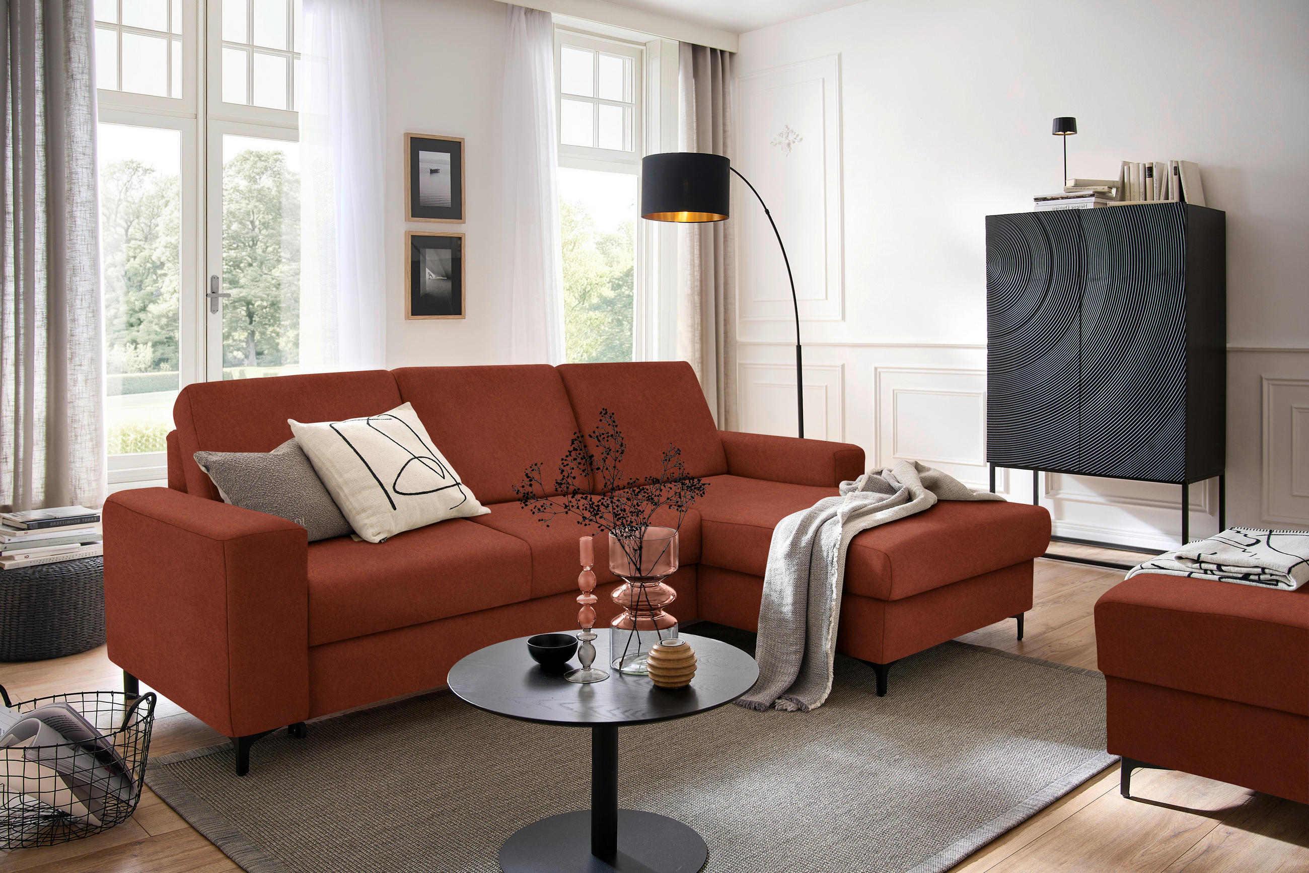 ECKSOFA in Velours Rostfarben  - Rostfarben/Schwarz, Konventionell, Textil/Metall (247/167cm) - Stylife
