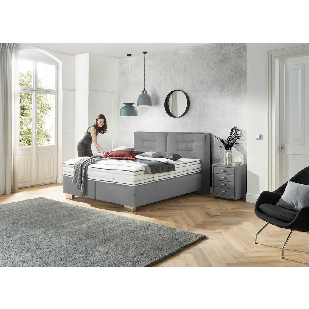 Thumbnail - Dieter Knoll Boxspringbett, Hellgrau, Textil, H2 + H3, 7-Zonen, Höhe ca. 27 cm, 180x200 cm, gepolstertes Kopfteil, Stoff...