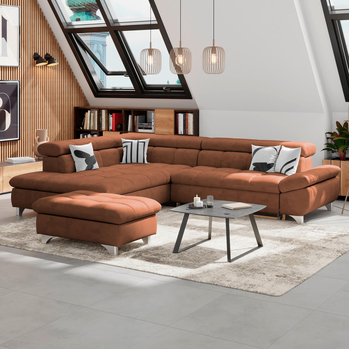 ECKSOFA Cognac Chenille  - Chromfarben/Cognac, KONVENTIONELL, Textil/Metall (234/312cm) - Livetastic