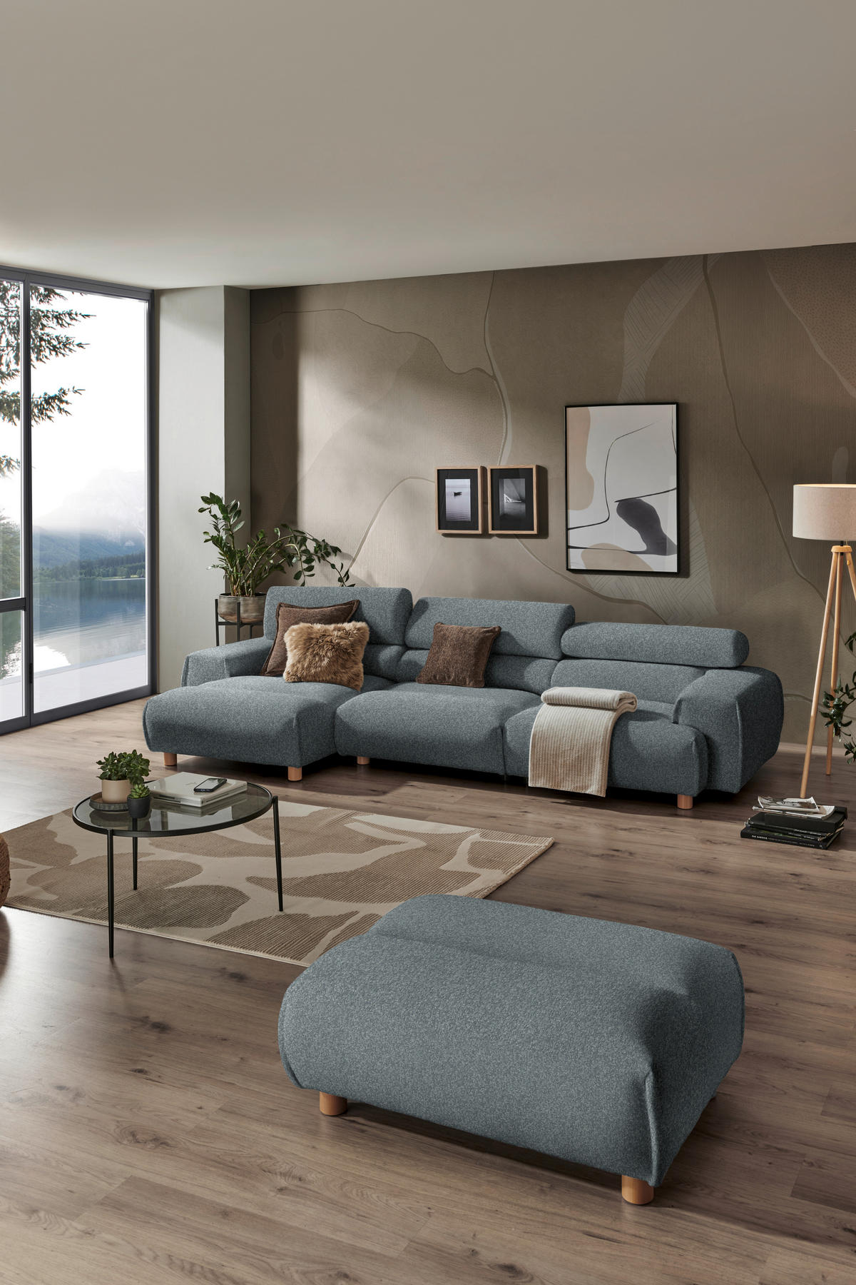 HÖRNSOFFA i velour blågrå  - blågrå, Natur, trä/textil (150/329cm) - Livetastic