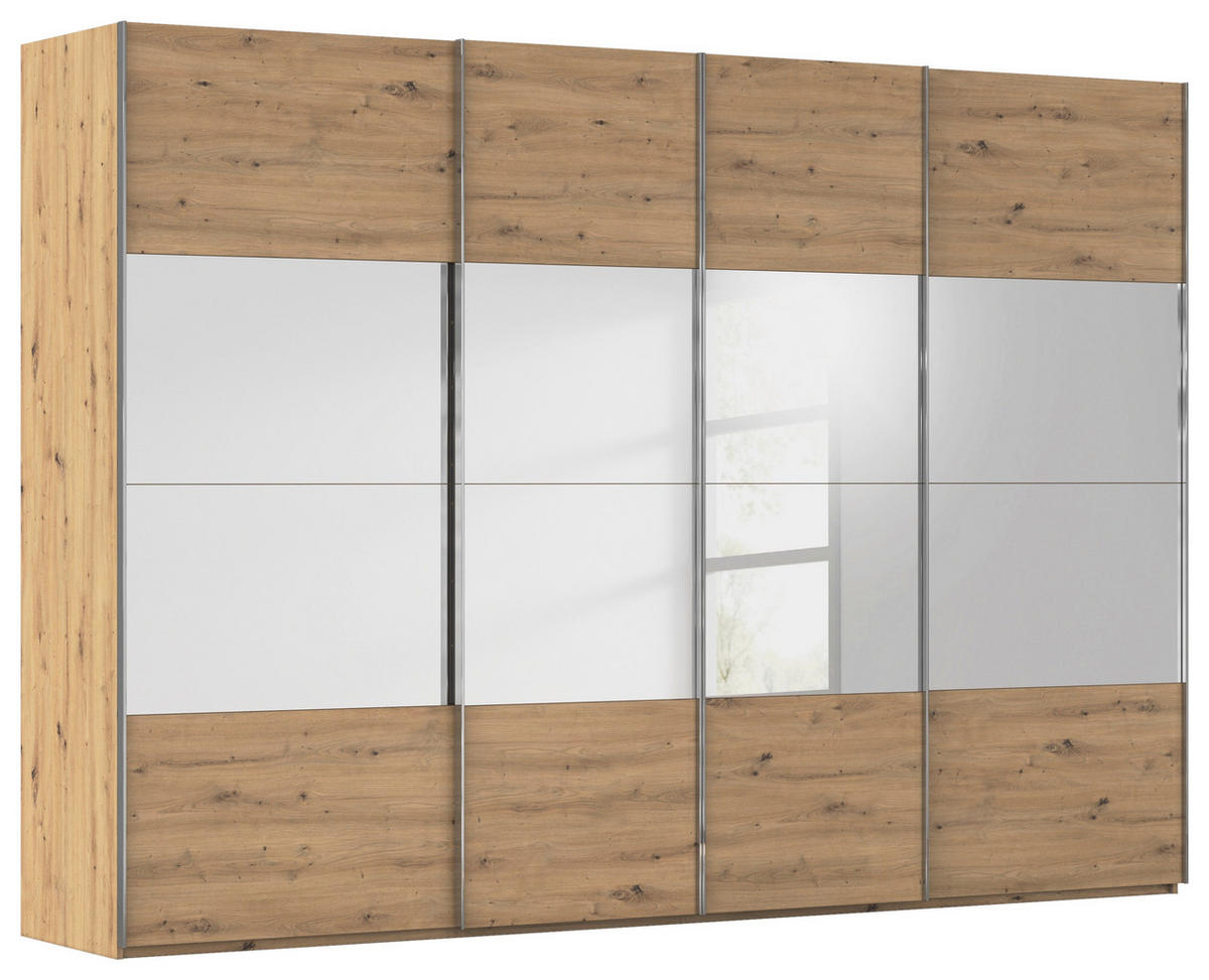 SCHWEBETÜRENSCHRANK 316/223/68 cm 4-türig Eiche Artisan  - Chromfarben/Eiche Artisan, Design, Glas/Holzwerkstoff (316/223/68cm) - Novel