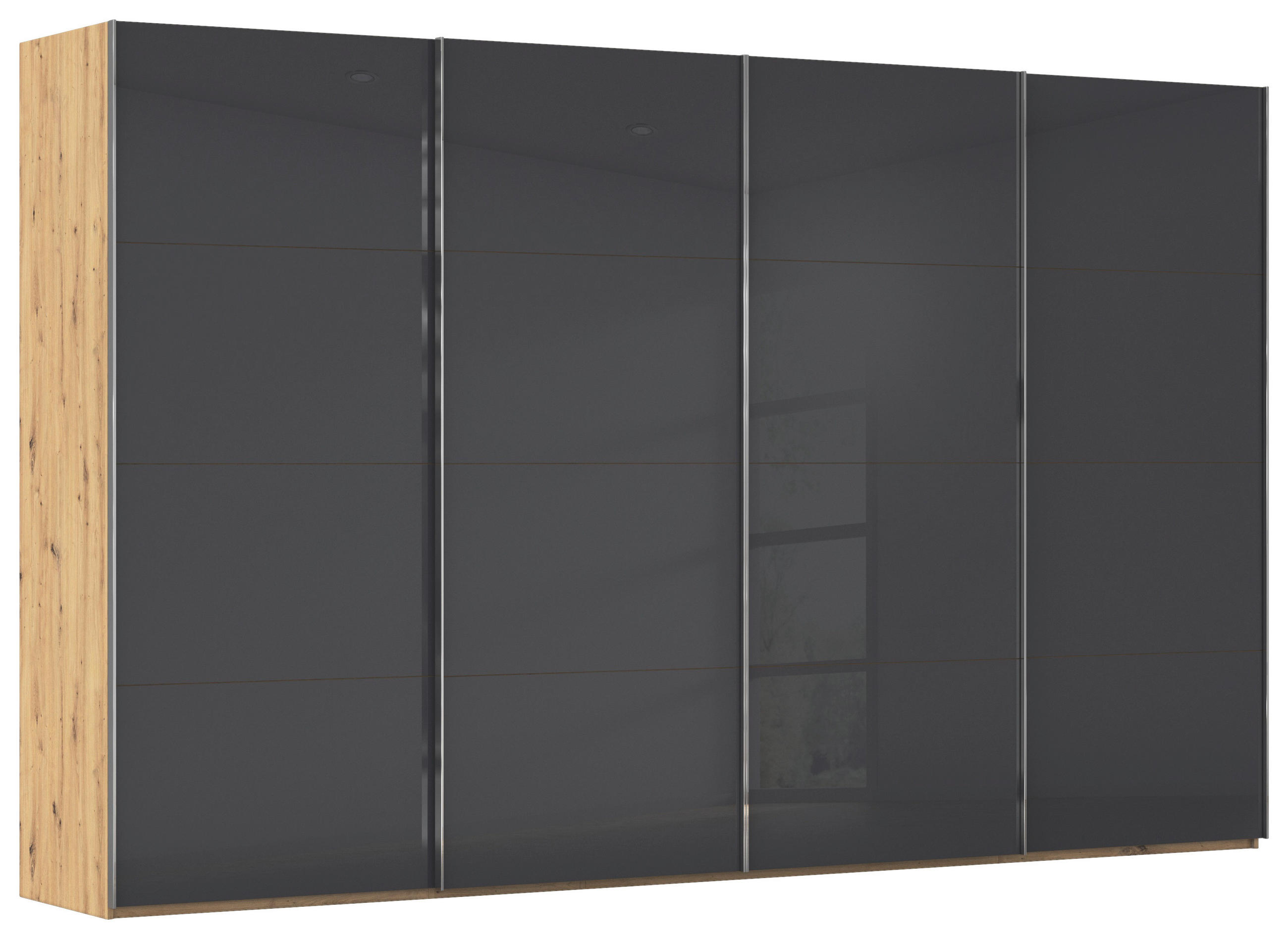 SCHWEBETÜRENSCHRANK 361/223/68 cm 4-türig Schwarz, Eiche Artisan  - Chromfarben/Schwarz, Design, Glas/Holzwerkstoff (361/223/68cm) - Novel