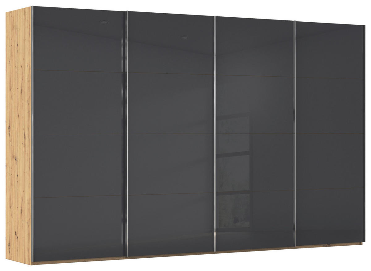 SCHWEBETÜRENSCHRANK 361/223/68 cm 4-türig Schwarz, Eiche Artisan  - Chromfarben/Schwarz, Design, Glas/Holzwerkstoff (361/223/68cm) - Novel