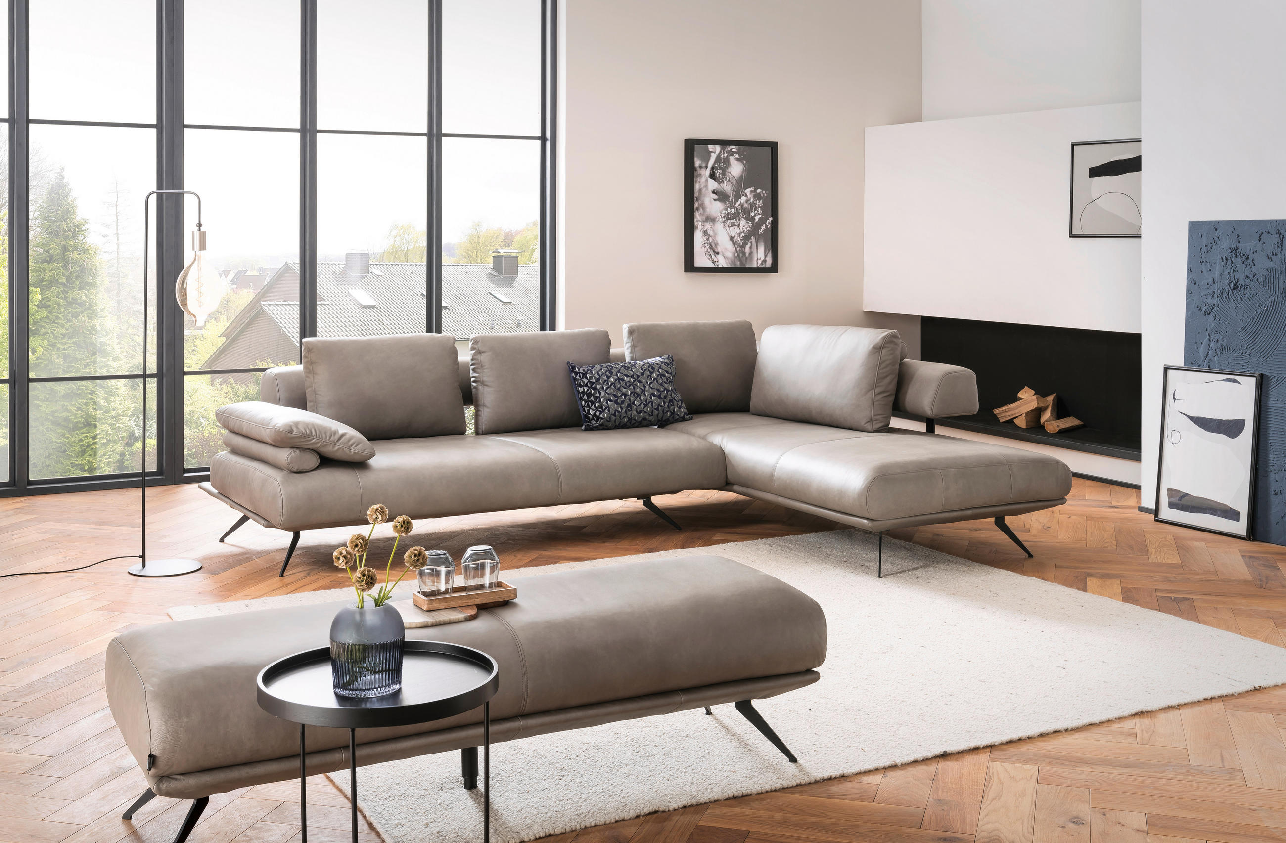 HOCKER Echtleder Grau  - Schwarz/Grau, Design, Leder/Metall (160/45/60cm) - Dieter Knoll