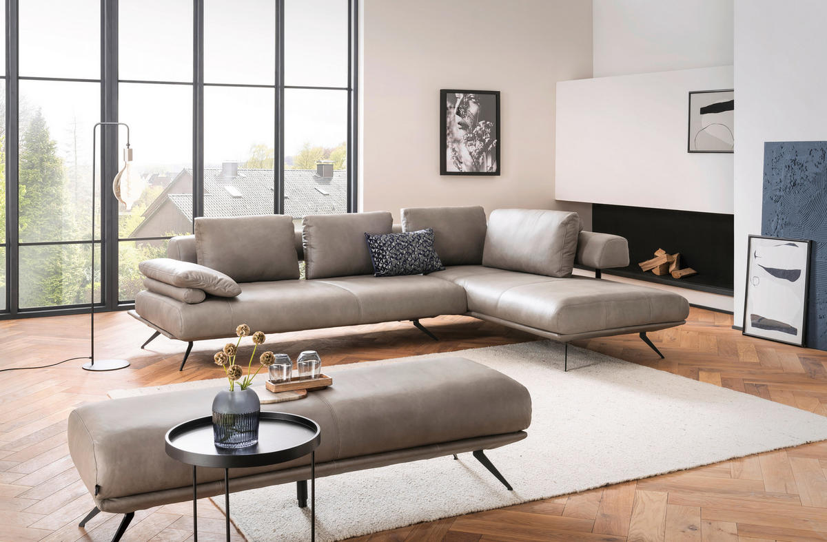 HOCKER in Leder Grau  - Schwarz/Grau, Design, Leder/Metall (160/45/60cm) - Dieter Knoll