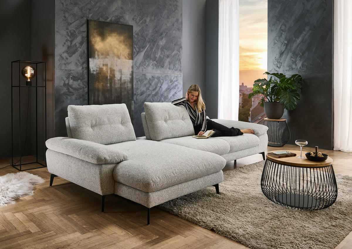 ECKSOFA Hellgrau Flachgewebe  - Hellgrau/Schwarz, Design, Textil/Metall (168/303cm) - Valdera