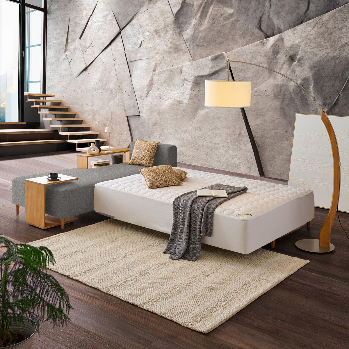 ECKSOFA in Flachgewebe Grau  - Eichefarben/Grau, Design, Holz/Textil (190/307cm) - Joka