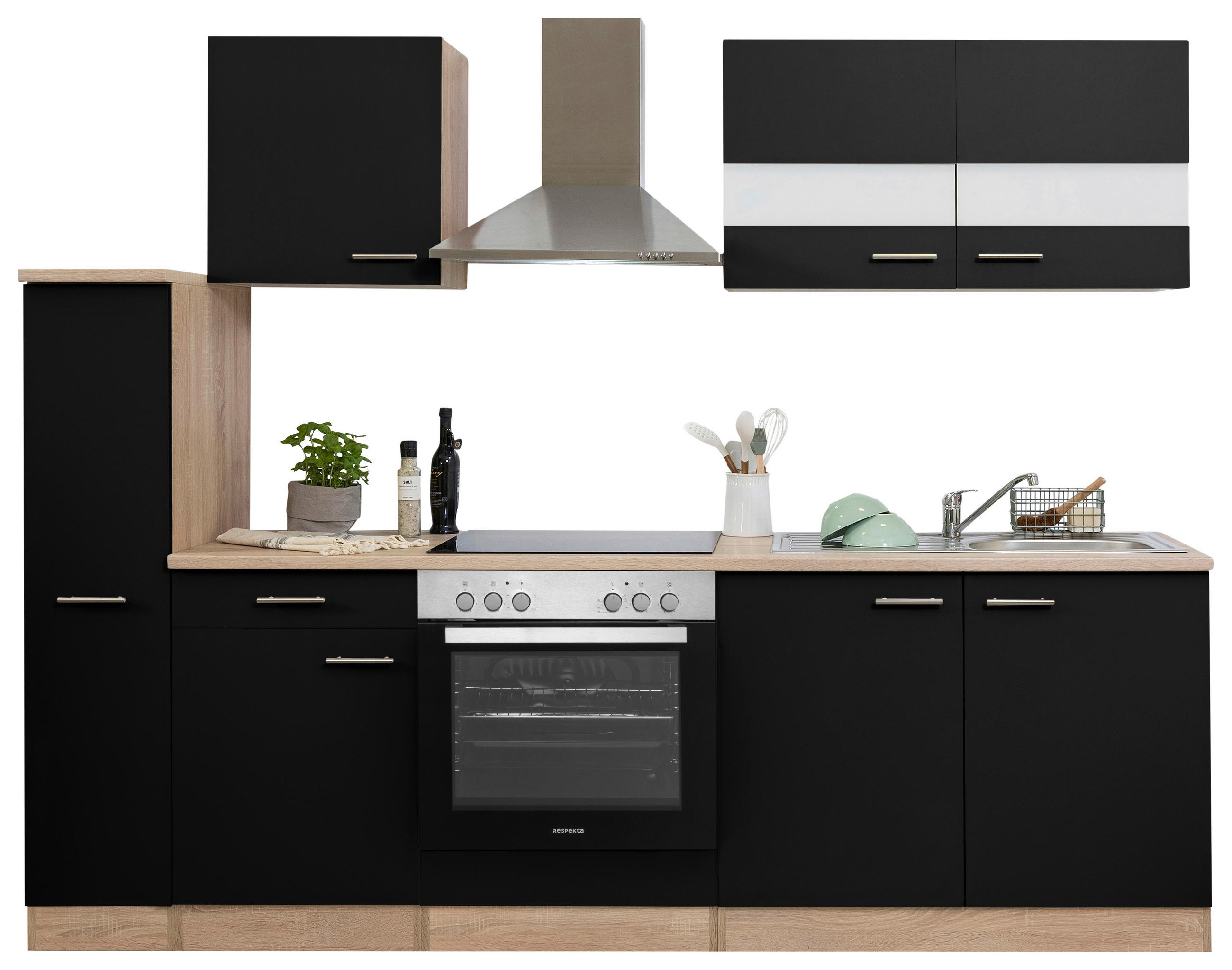 KÜCHENBLOCK 240 cm   in Schwarz  - Edelstahlfarben/Eichefarben, Basics, Holzwerkstoff/Metall (240cm) - Respekta