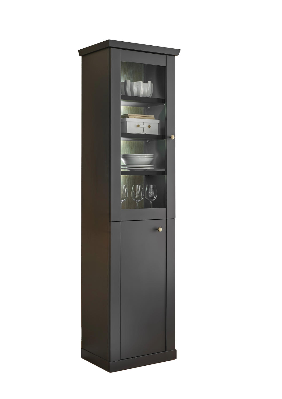 VITRINE  in Schwarz, Eichefarben  - Eichefarben/Messingfarben, Design, Holzwerkstoff/Metall (55/200/39cm) - MID.YOU