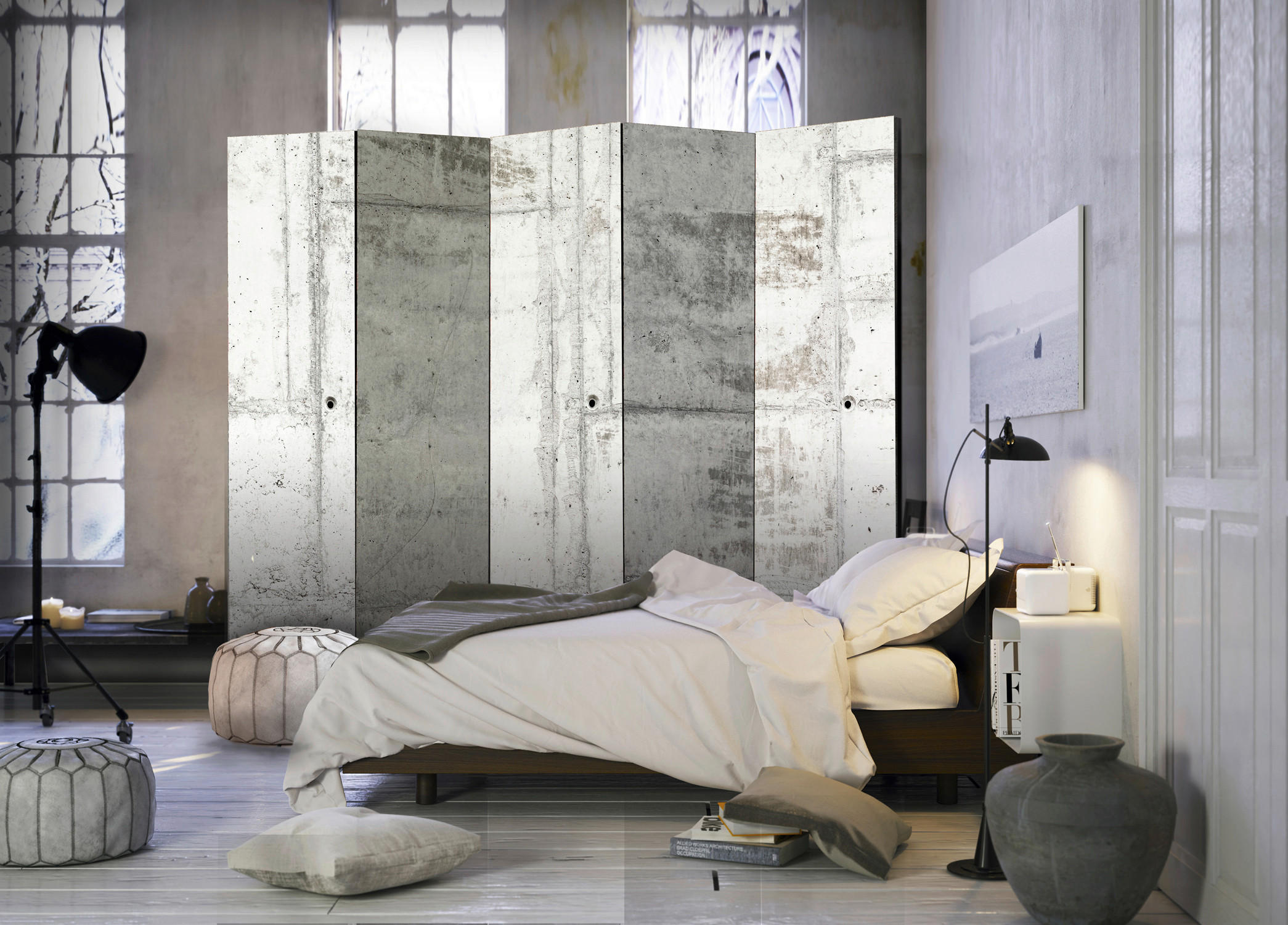 Thumbnail - artgeist Paravent, Weiß, Hellgrau, Holz, Textil, Kiefer, massiv, Betonoptik, 225x172x3 cm, Motiv auf Vorder- und Rücksei...